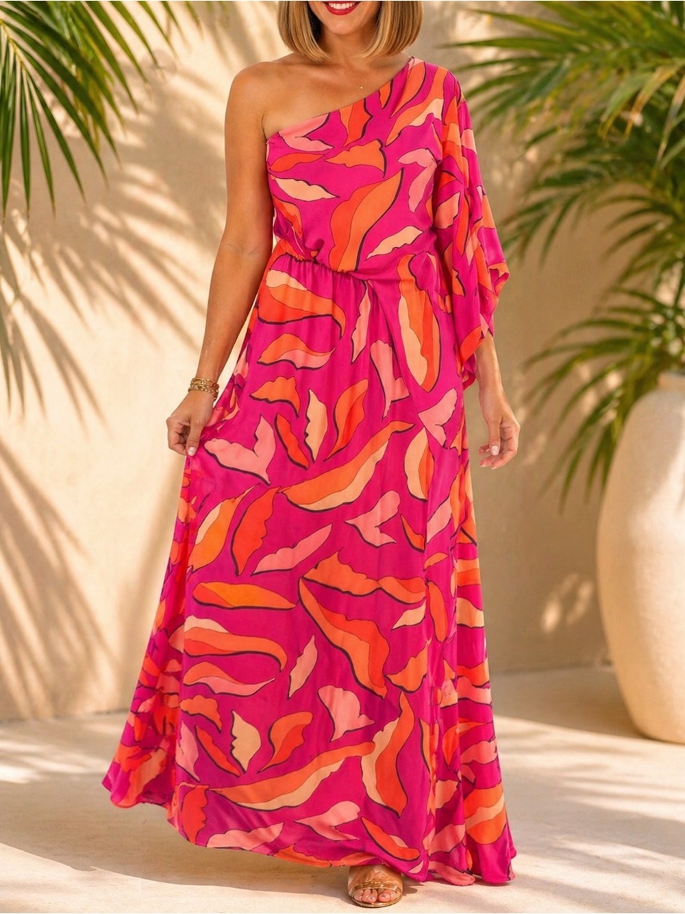 Pink One Shoulder Maxi Dress Abstract Print Bright Summer Vacation Resort - Picture 6 of 6